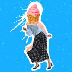 Contemporary art collage of woman with ice cream head elements dancing isolated over blue background. Retro style