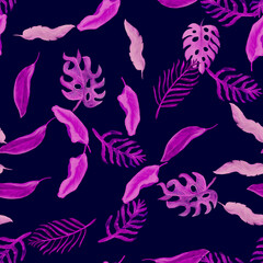 Pink Monstera Pattern Background. Blue Seamless Illustration. Coral Watercolor Foliage. Violet Tropical Background. Neon Floral Jungle.Indigo Summer Garden.Vintage Decor.