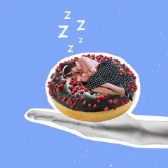 Schilderijen op glas Contemporary art collage of woman sleeping in chocolate sweet donut isolated over blue background © master1305