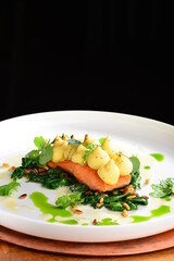 Fine dining Salmon steak with potato and spinach