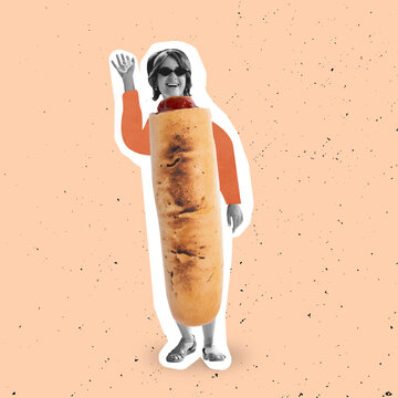 Contemporary art collage of smiling woman in shape of hot-dog isolated over peach background