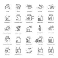 Vegan milk and Alternative sugar. vegetable milk simple thin line icon set vector illustration