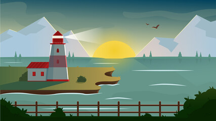 Landscape flat illustration with lighthouse and mountains