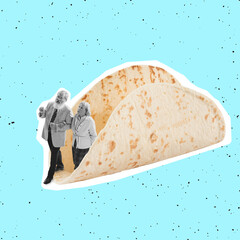 Contemporary art collage, creative design. Couple walking out the taco isolated over blue background