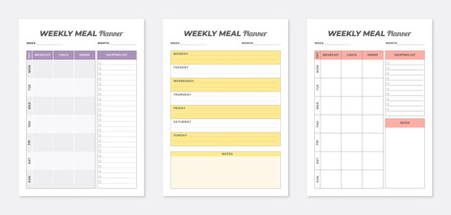 Weekly meal planner. 3 set of weekly meal planners. weekly meal planner pages design collection set of templates. Minimalist planner templates collection.