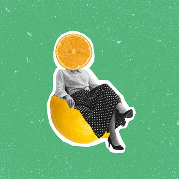 Naklejki Contemporary art collage of woman with lemon slice head sitting on lemon isolated over green background