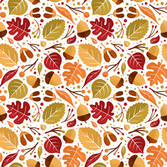 Autumn seamless pattern of leaves, acorns and berries on white background. Pattern for backgrounds, textiles, fabrics
