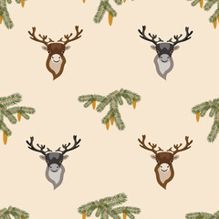 Seamless pattern with reindeer and fir branches with cones on a beige background