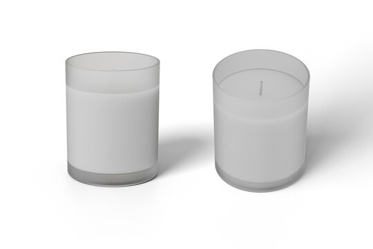 Blank scented Candle with glass jar mockup template isolated over background. Aromatic wax round spa candle with burning flame light.  Realistic candlelight element design. 3d rendering.