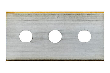 Macro photo of one razor blades with yellow blades, isolated on a white background, top view.