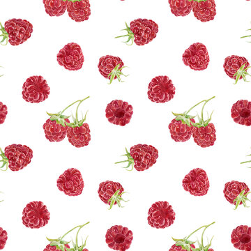 Seamless pattern with watercolor raspberries isolated on white background. Hand drawn watercolor illustration.