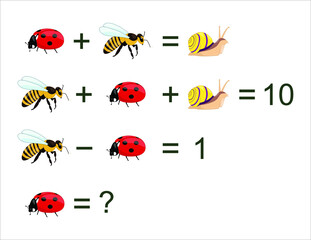 Math puzzle for kids. Math  game  with bugs for children, easy level, education game for kids, preschool worksheet activity,  Mathematical Addition Subtraction . 