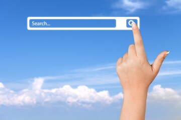 A man standing with hands pointing to information search, clicking to virtual internet search page