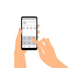 A smartphone in a human hand. A mobile phone with an empty screen is held by a human hand