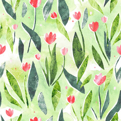 Spring watercolor stylish vector seamless pattern with tulips in green and pink colors. Floral design for textile print, page fill, wrapping paper, web banner