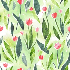 Zelfklevend Fotobehang Bloemenmotief Lente aquarel stijlvolle vector naadloze patroon met tulpen in groene en roze kleuren. Bloemmotief voor textielprint, paginavulling, inpakpapier, webbanner