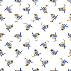 Watercolor hand drawn Seamless Pattern with Birds on a white background.