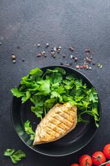 grilled chicken breast diet menu meal snack on the table copy space food background rustic. top view keto or paleo diet