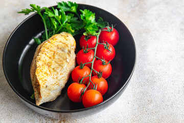 grilled chicken breast diet menu meal snack on the table copy space food background rustic. top view keto or paleo diet