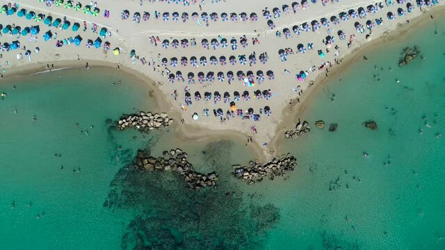 Cyprus beach. Top down aerial view to the summer baech. Larnaca, Cyprus. 