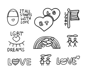 Black LGBT doodle set on white background