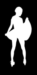 Biały zarys kobiety w sukience stojącej tyłem ba czarnym tle. - obrazy, fototapety, plakaty