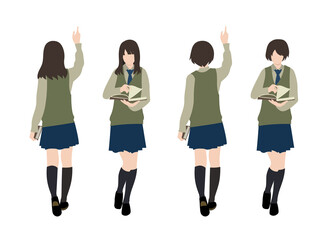 イラスト素材：本を読む女子生徒の全身イラストセット（前後の立ち姿）
