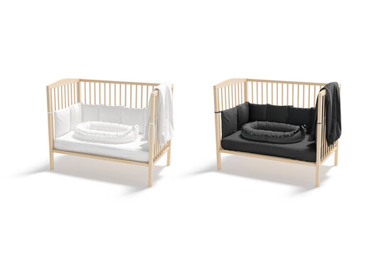 Blank wood cot with black, white crib and nest mockup