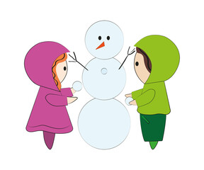 Cartoon boy and girl make a snowman. Vector. Isolated