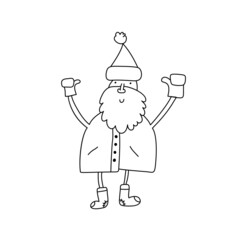 Funny cartoon vector monoline Santa Claus. Hand drawn illustration for Christmas and New Year posters, gift tags and labels