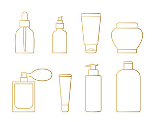 golden beauty, skin care cosmetics containers set - vector illustration