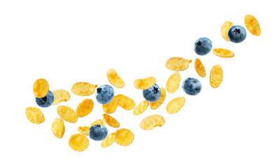 flying cornflakes with blueberries on a white background. diagonal cornflake isolate with berries
