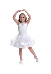 Fototapeta na wymiar Cute little girl in beautiful dress dancing on white background