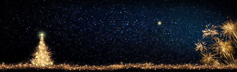 Fototapeta na wymiar Golden Christmas tree and colored firework on stars sky background.