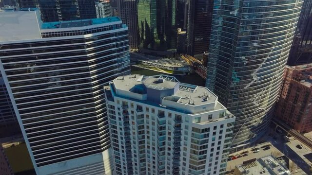 Aerial 4k Shot of Downtown Chicago Skyscrapers and River View