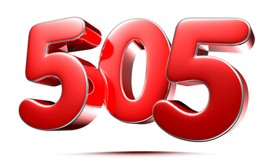 Rounded red numbers 505 on white background 3D illustration with clipping path.