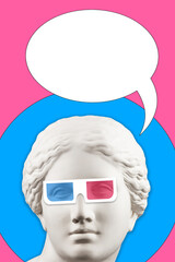 Collage with sculpture of human face in a pop art style. Creative concept image with statue head and comics bubble. Zine culture. Contemporary art poster. Comics design. Funky minimalism. Copy space.