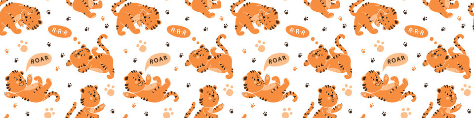 Seamless vector pattern on a white background. Cheerful cute tigers in different poses.