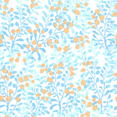 Vector seamless pattern with colorful illustration of cute small flowers on flowering bush. For wallpaper, textile print, pattern fills, web page, surface textures, wrapping paper, design of