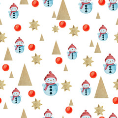 Childrens cute pattern, Snowman, Christmas, New Year, Seamless Pattern, Digital Paper, wrapping paper, watercolor illustration, star