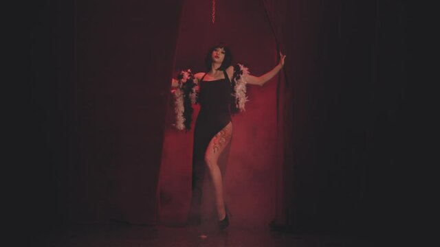 Lady in black dress with boa in velvet curtains