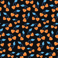 seamless pattern with cherry hearts on twigs with leaves. cute vector cartoon background.