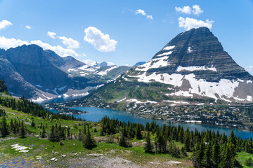 Hidden Lake and Bearhat Mountain from the hiking trail at Logan Pass on the Going to the Sun Road in Glacier National Park in Montana on a sunny summer day