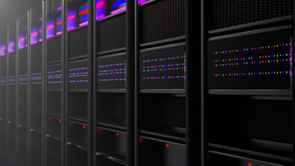 Server room data center. Backup, mining, hosting, mainframe, farm and computer rack with storage information. 3d render