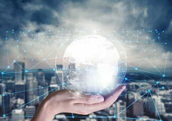 Global communication network concept. Digital transformation and city background.