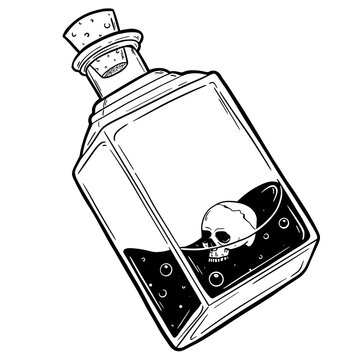 recommend clip art: Hand drawn magic bottle with skull. Vial of poison. Vector illustration isolated. Tattoo design, magic symbol for your use.
