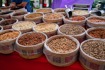 nuts on a oriental traditional bazaar in Turkey. Street market with dried nuts