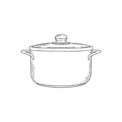 Cooking pot or saucepan with lid, sketch vector illustration isolated.