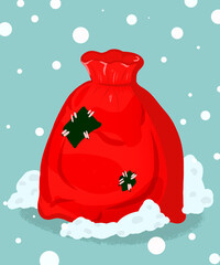 Christmas gifts in red Santa Claus sack with patches in the snow.