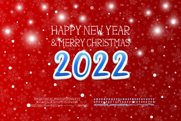 Holiday poster Happy New year and Merry Christmas. Red background with snowflakes pattern. Hand-drawn sketch letters and cartoon numbers. Two sets of decorative fonts are included